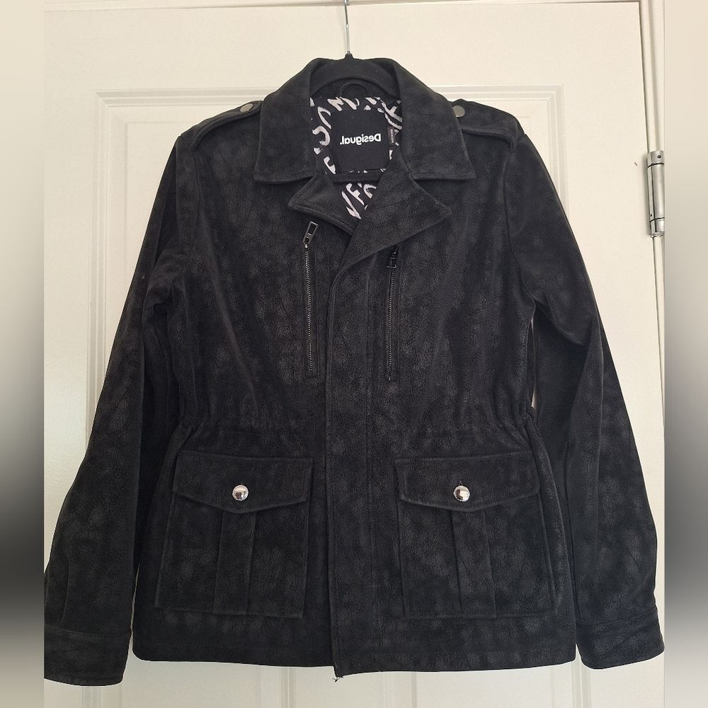 DESIGUAL Women's Jacket Size ~L Black Full Zip Pockets Collared